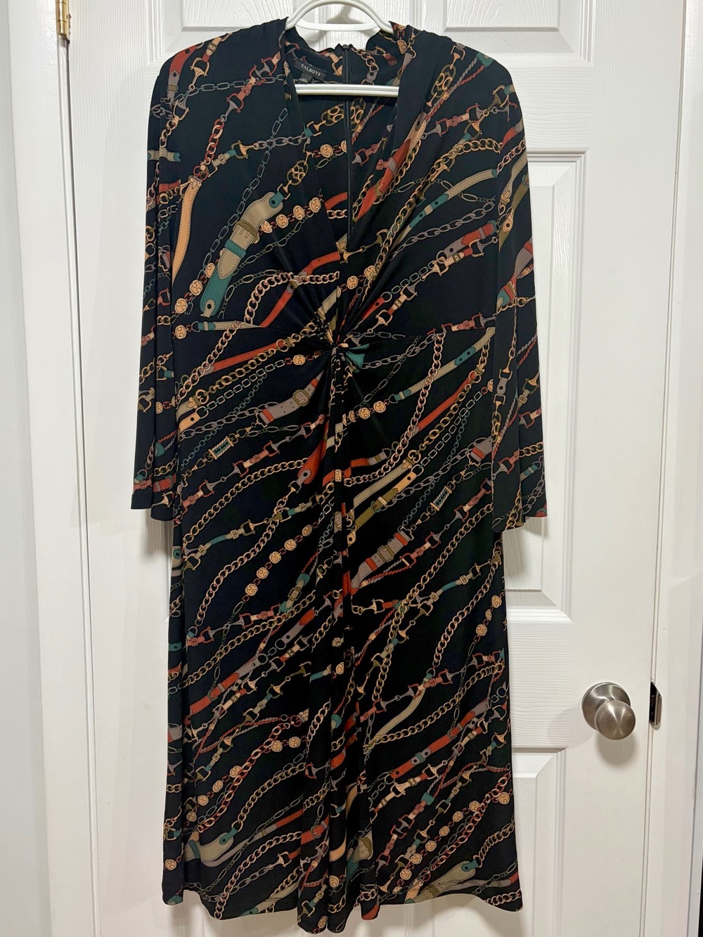 Talbots XL Equestrian Chain Print Twist Front Midi Dress Black Stretch